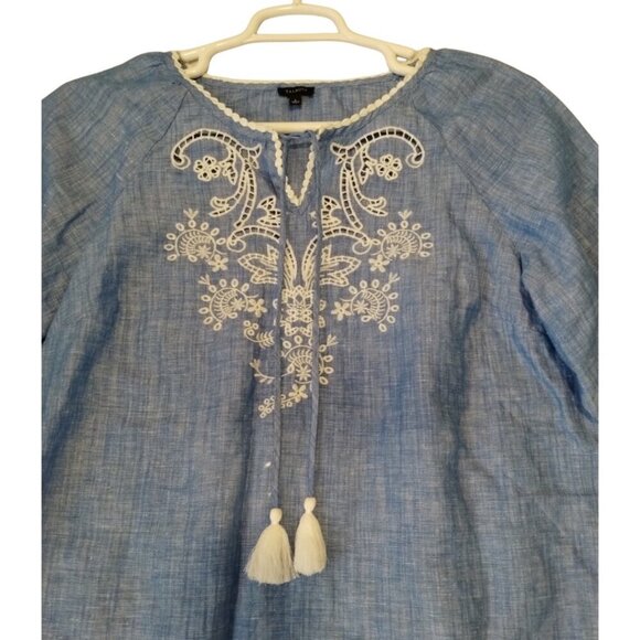 Talbots Embroidered Tassels V-Neck Top Size L Blue Linen Blend 3/4 Sleeve Boho - Picture 3 of 6